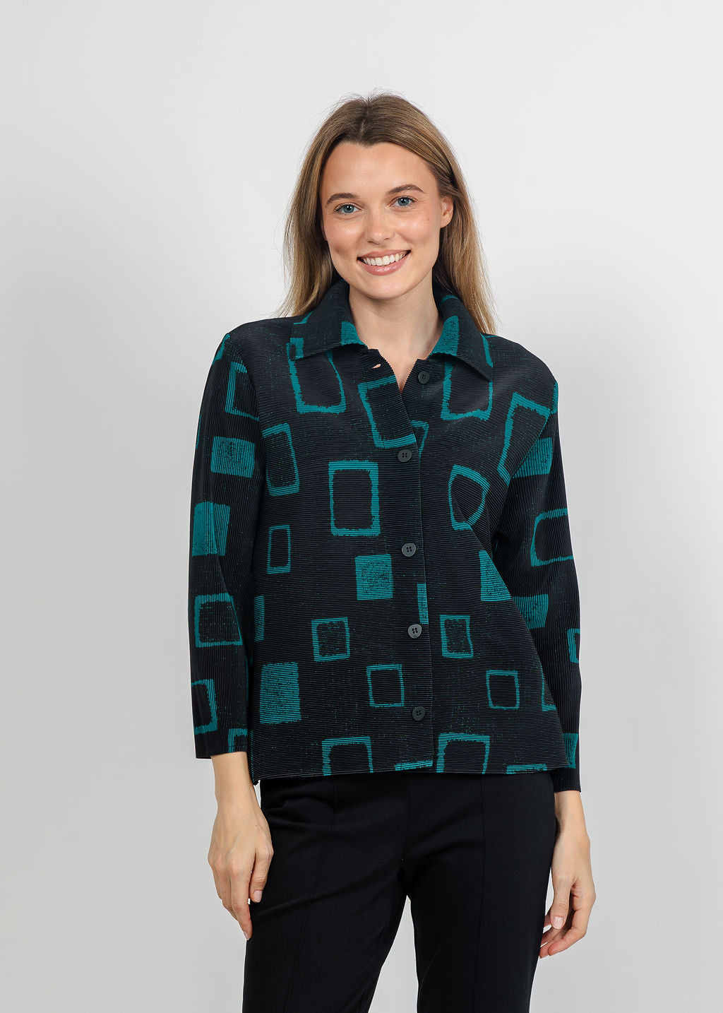 Olivia by Habitat Parisian Pleats Print Night Out Jacket in Teal available at Barbara Katz