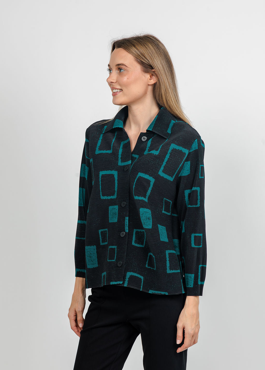 Olivia by Habitat Parisian Pleats Print Night Out Jacket in Teal available at Barbara Katz