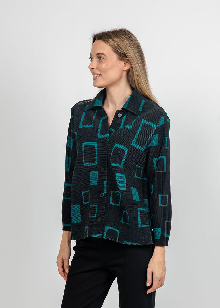 Olivia by Habitat Parisian Pleats Print Night Out Jacket in Teal available at Barbara Katz