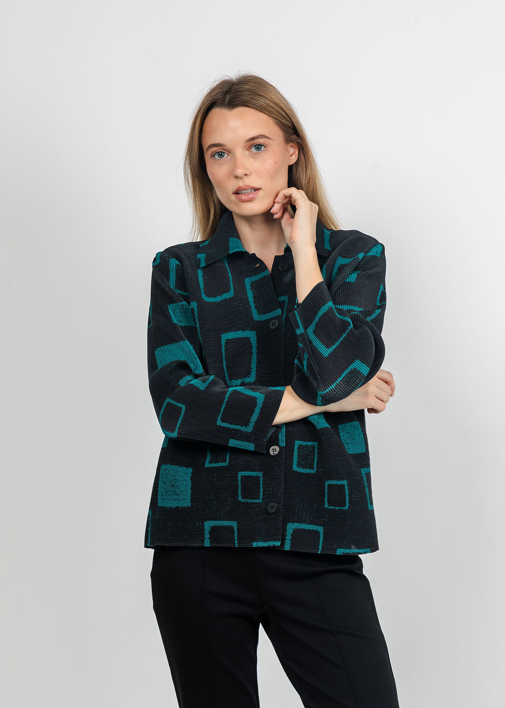 Olivia by Habitat Parisian Pleats Print Night Out Jacket in Teal available at Barbara Katz