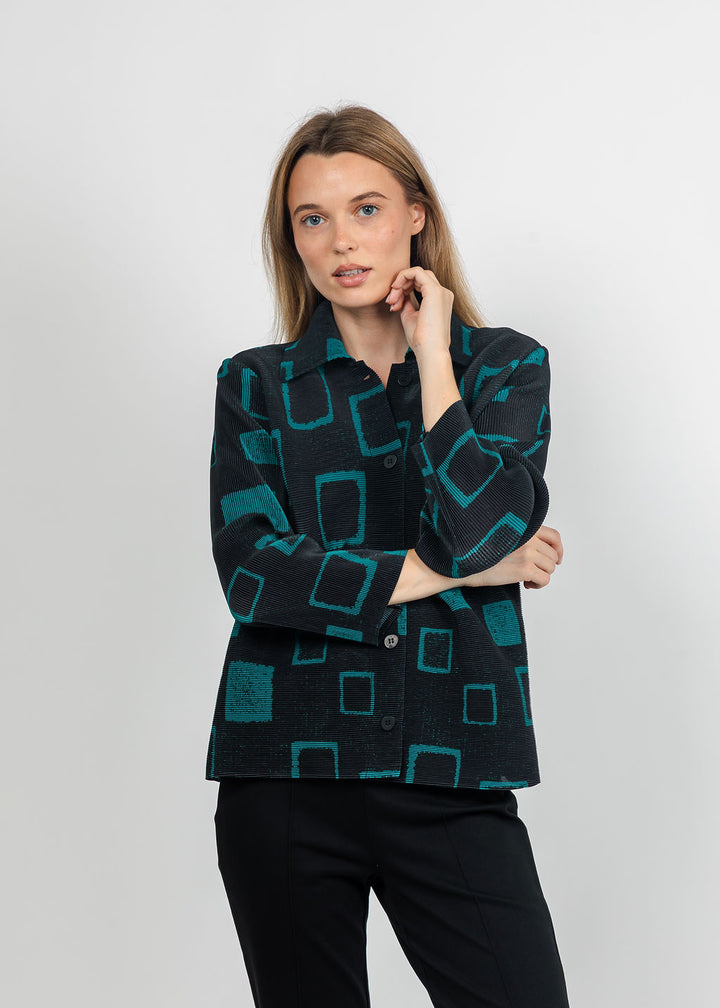 Olivia by Habitat Parisian Pleats Print Night Out Jacket in Teal available at Barbara Katz