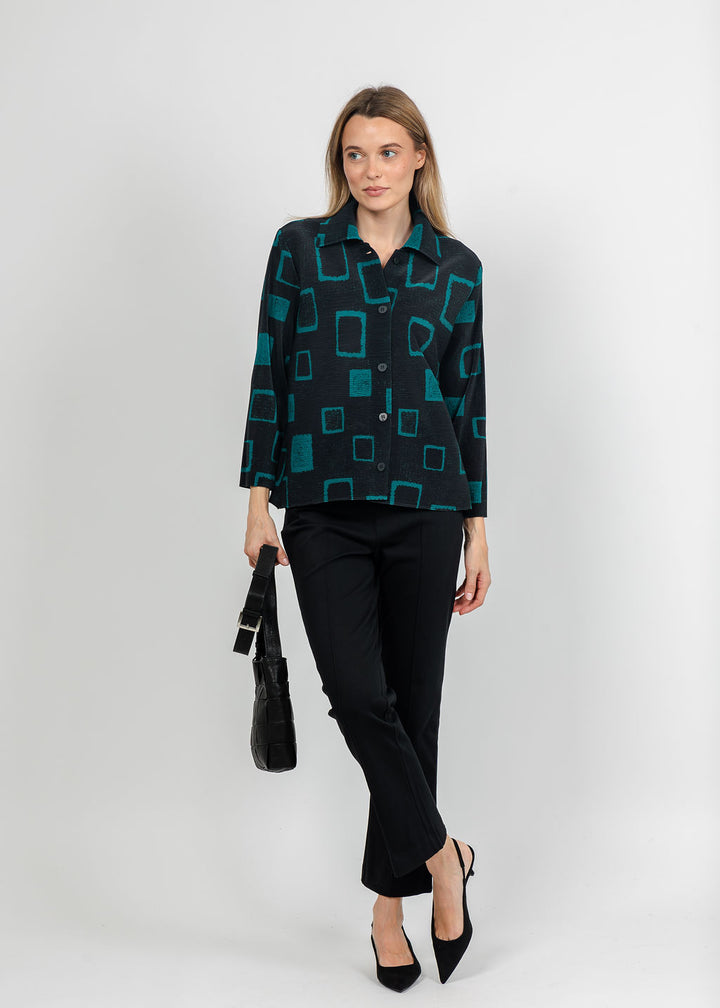 Olivia by Habitat Parisian Pleats Print Night Out Jacket in Teal paired with Knit Denim Kick Flare Pant in Black available at Barbara Katz