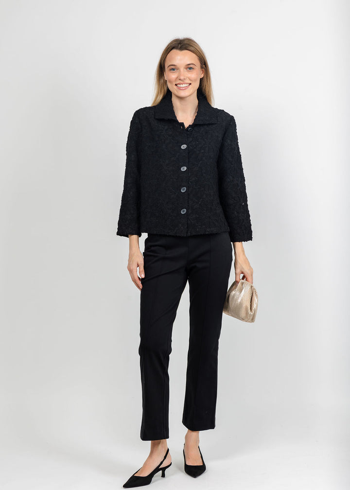 Olivia by Habitat Urban Petal Jacket in Black paired with Olivia by Habitat Knit Denim Kick Flare Pant in Black available at Barbara Katz