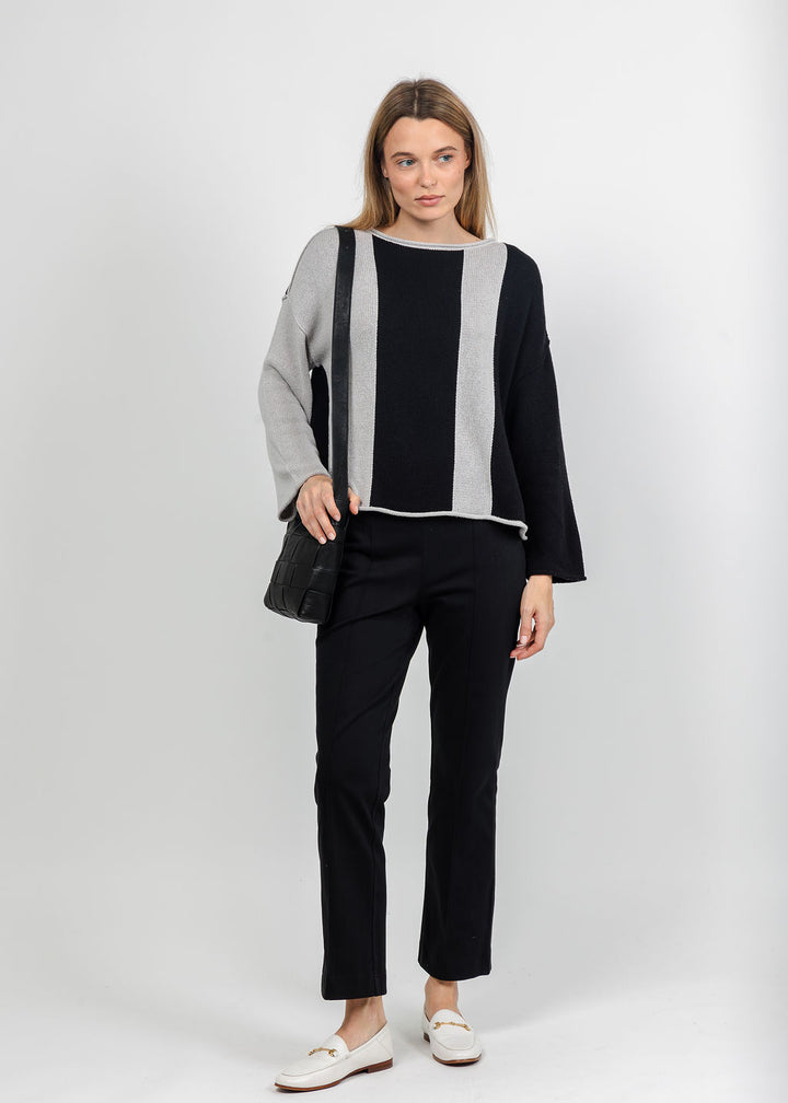 Olivia by Habitat Vertical Vibes Sweater in Black paired with Knit Denim Kick Flare Pant in Black available at Barbara Katz