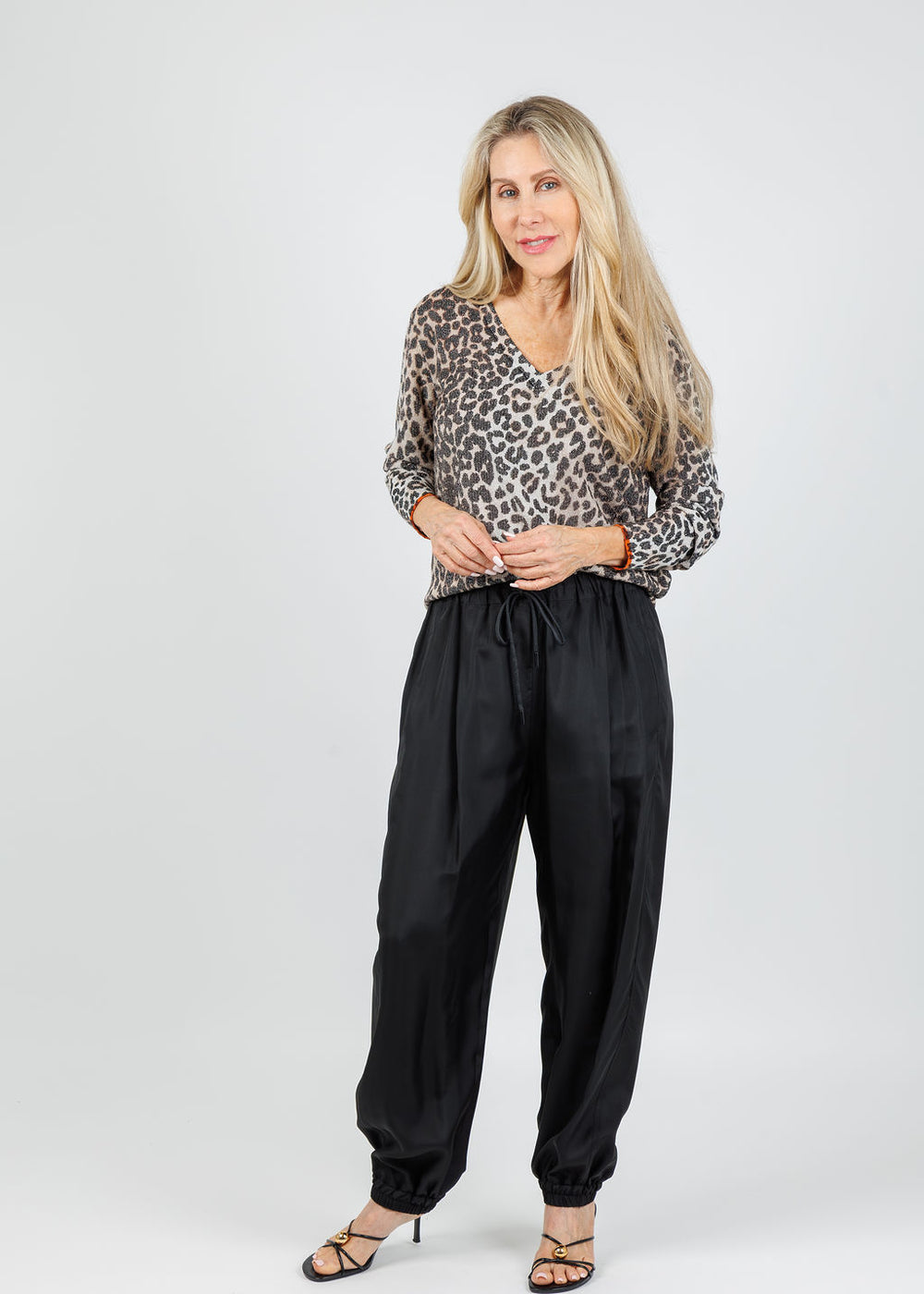 Oui V-Neck Leopard Lurex Sweater paired with Marella Abetaia Long Trouser Pants in Black available at Barbara Katz