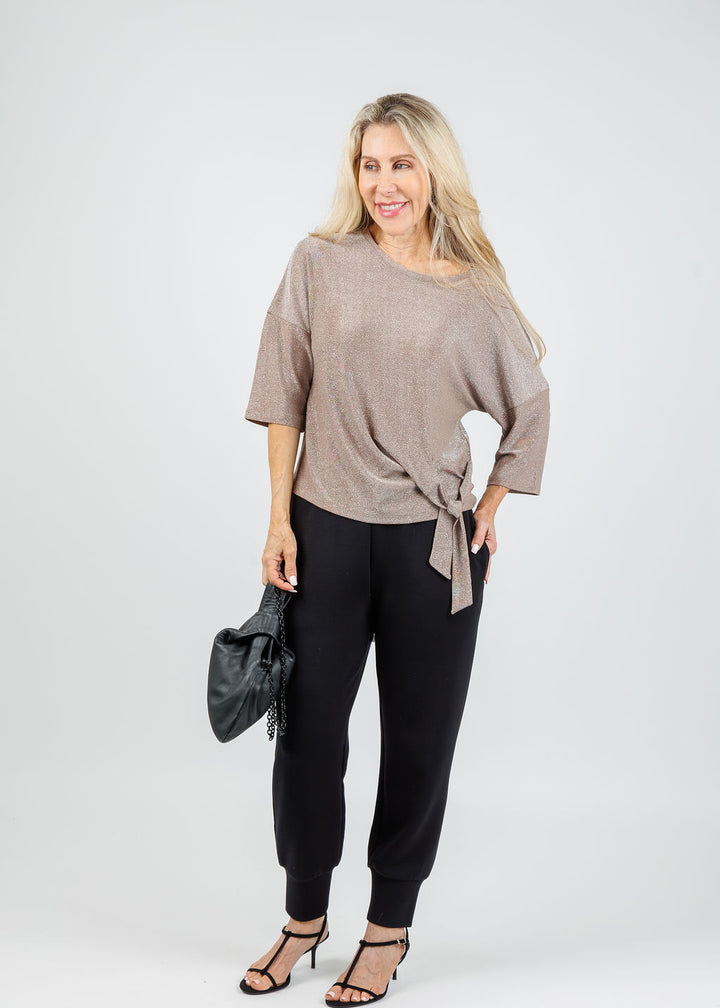 Oui Lurex Tie Top in Salty Caramel paired with Varley The Slim Cuff Pants 25" in Black available at Barbara Katz