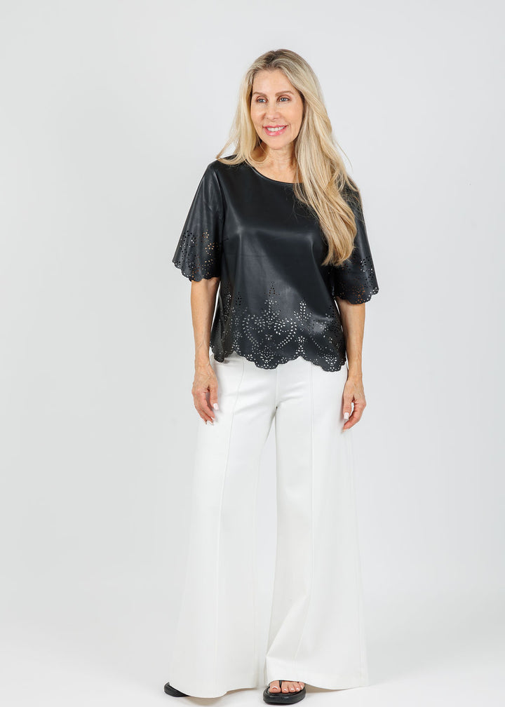 Oui Vegan Leather Top in Black paired with Ripley Rader Ponte Knit Wide Leg Pants in Off White available at Barbara Katz