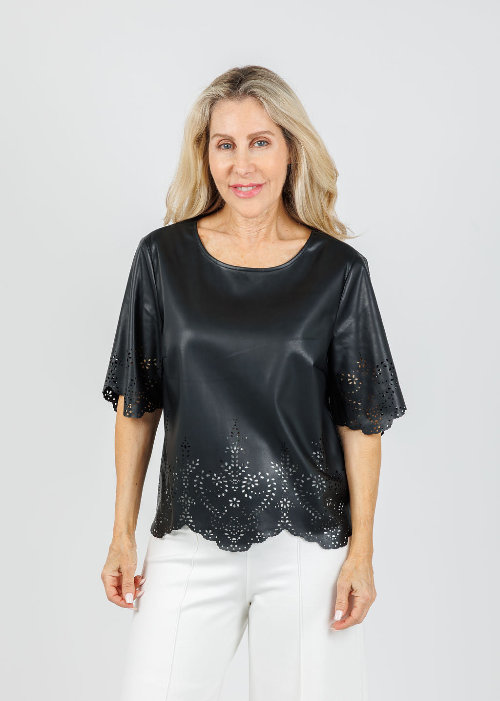 Oui Vegan Leather Top in Black available at Barbara Katz