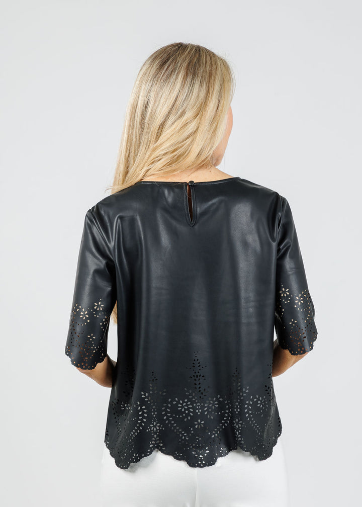 Oui Scallop Hem Vegan Leather Top in Black available at Barbara Katz