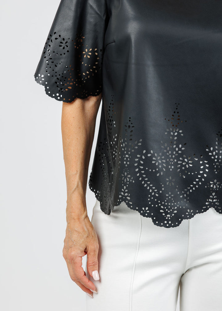 Oui Vegan Leather Top in Black available at Barbara Katz