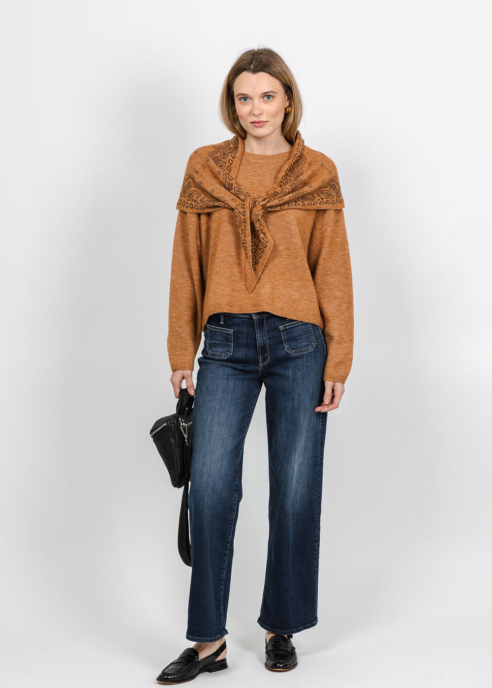 Oui Nila Cozy Crew Sweater and Bandana Triangle Scarf in Light Rosewood available at Barbara Katz