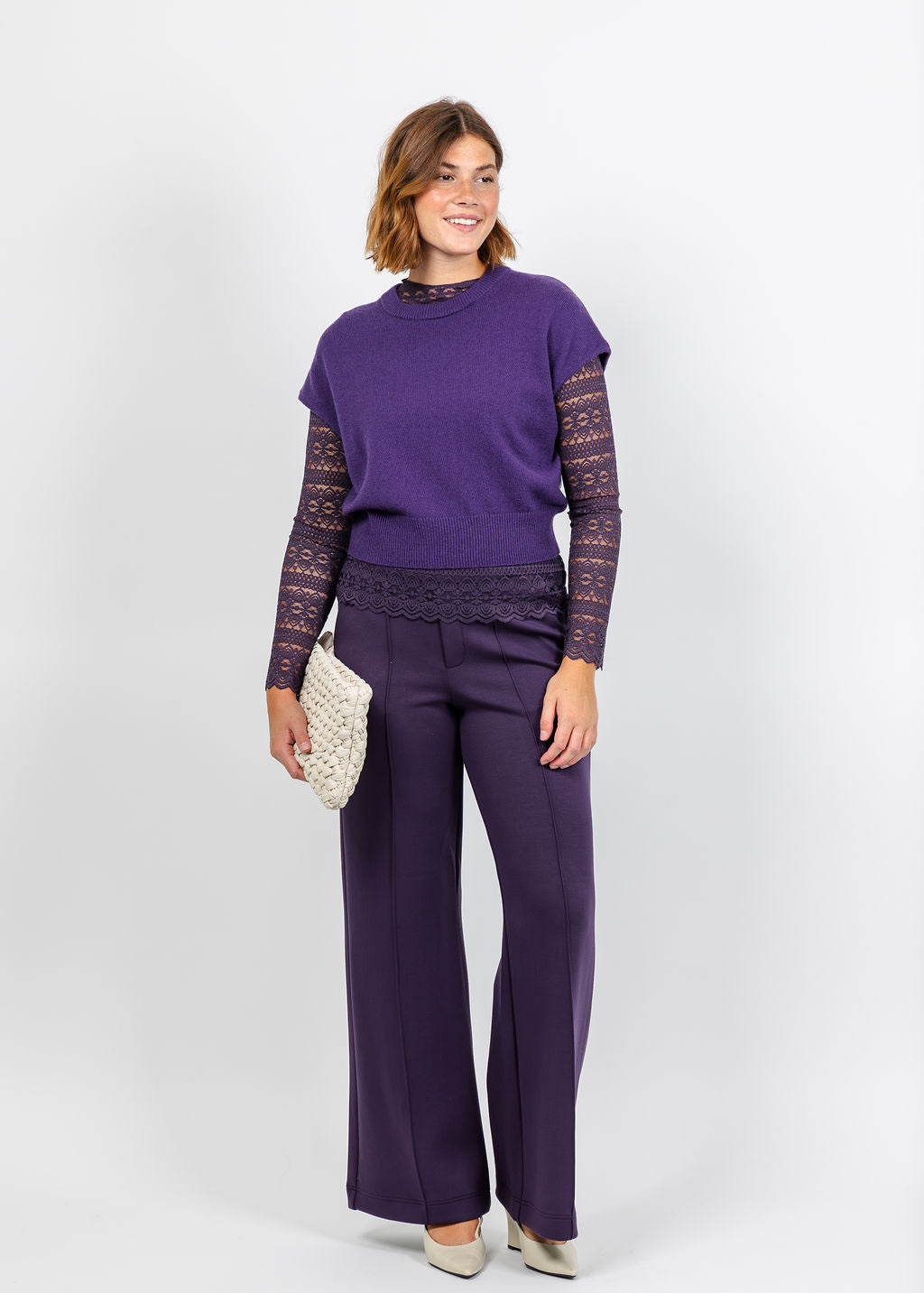Oui Cap Sleeve Sweater in Ultra Violet with Mysterioso Turtleneck Lace Shirt underneath, paired with Mysterioso Scuba Pull-On Pants available at Barbara Katz
