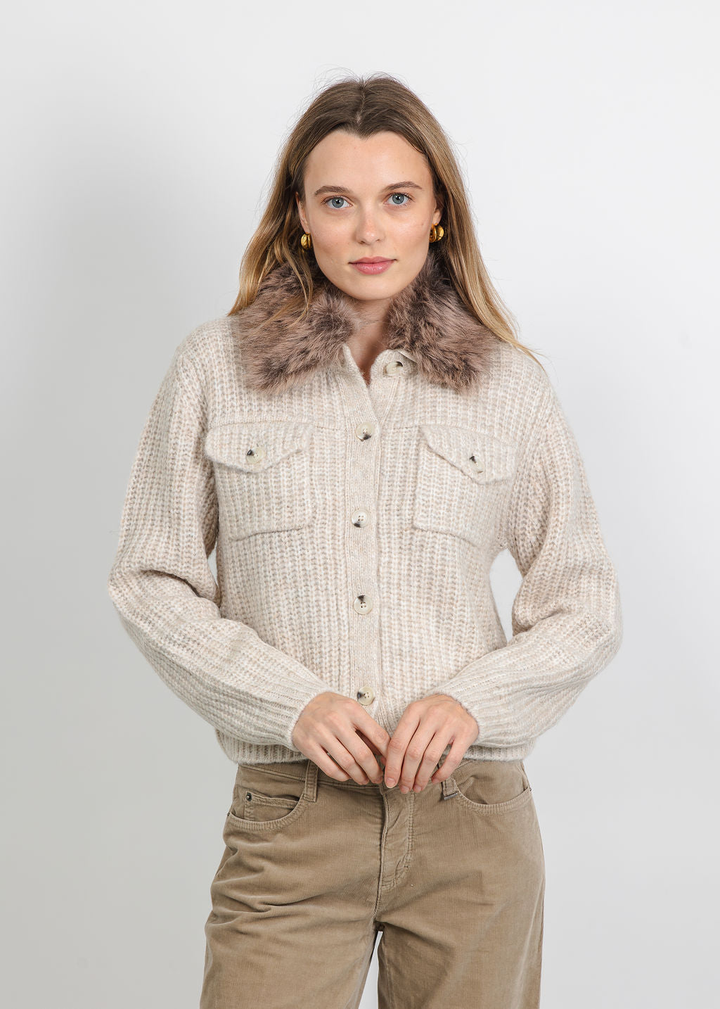 Oui Cardigan with Fur Collar in Light Beige Melange available at Barbara Katz