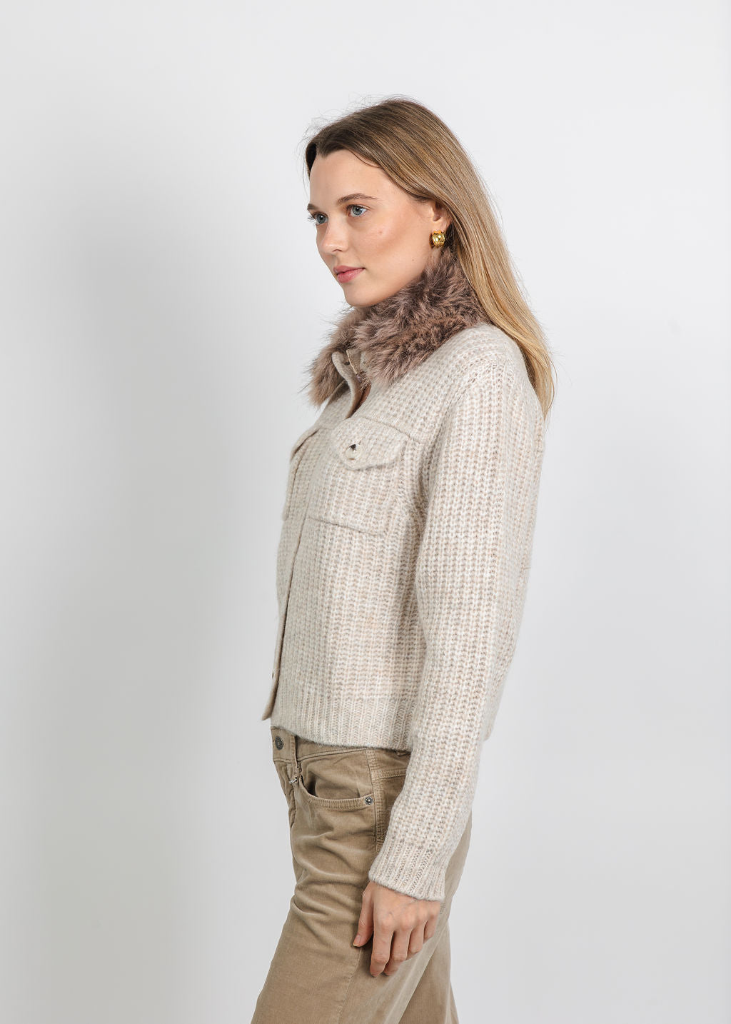 Oui Cardigan with Fur Collar in Light Beige Melange available at Barbara Katz