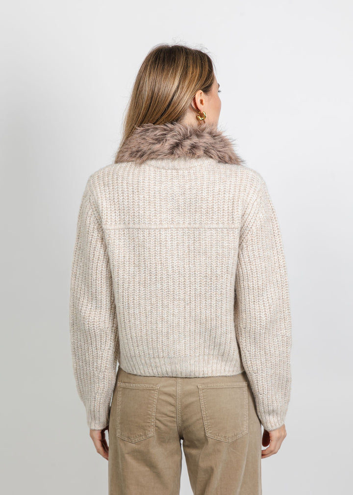 Oui Cardigan with Fur Collar in Light Beige Melange available at Barbara Katz