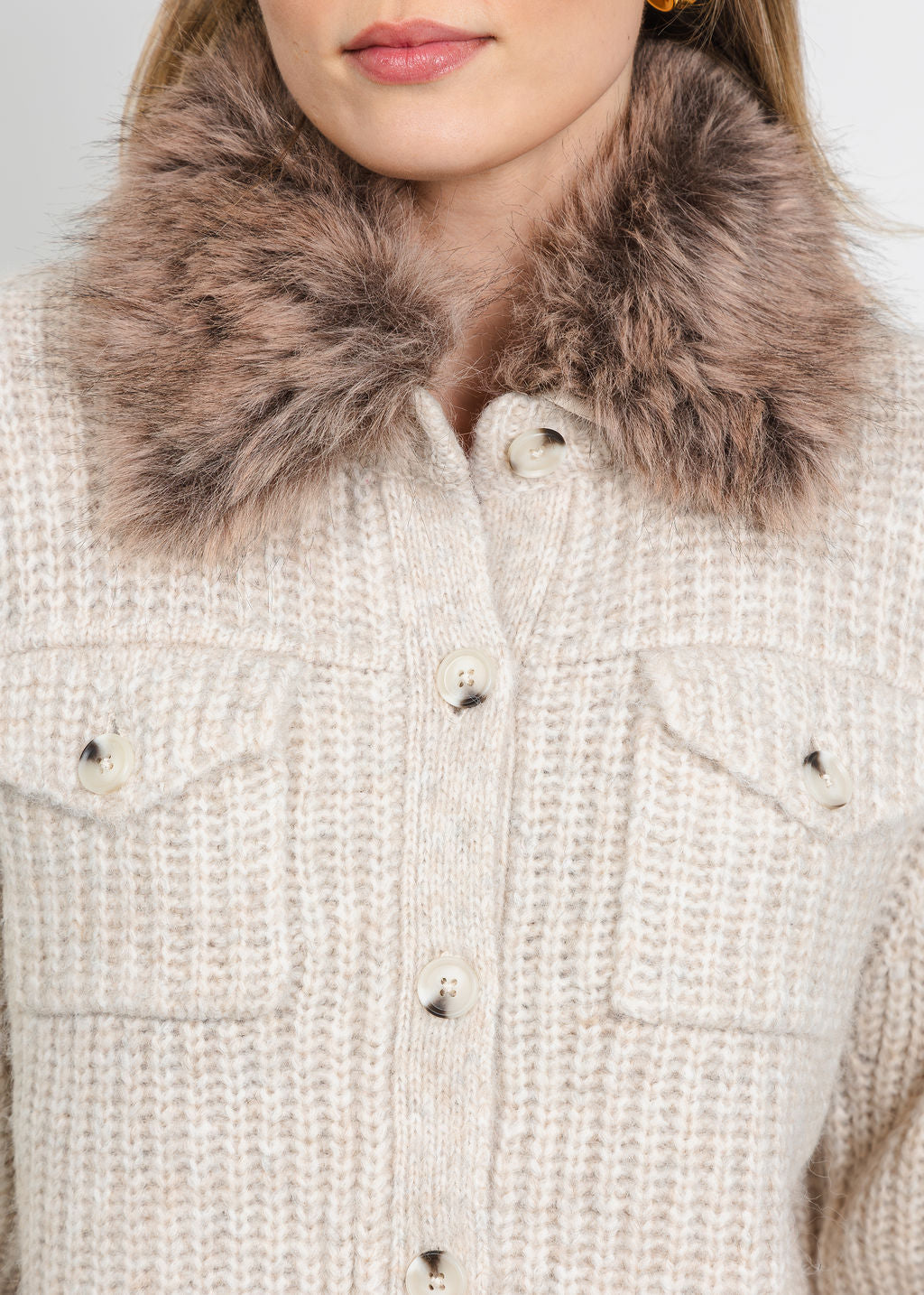 Oui Cardigan with Fur Collar in Light Beige Melange available at Barbara Katz
