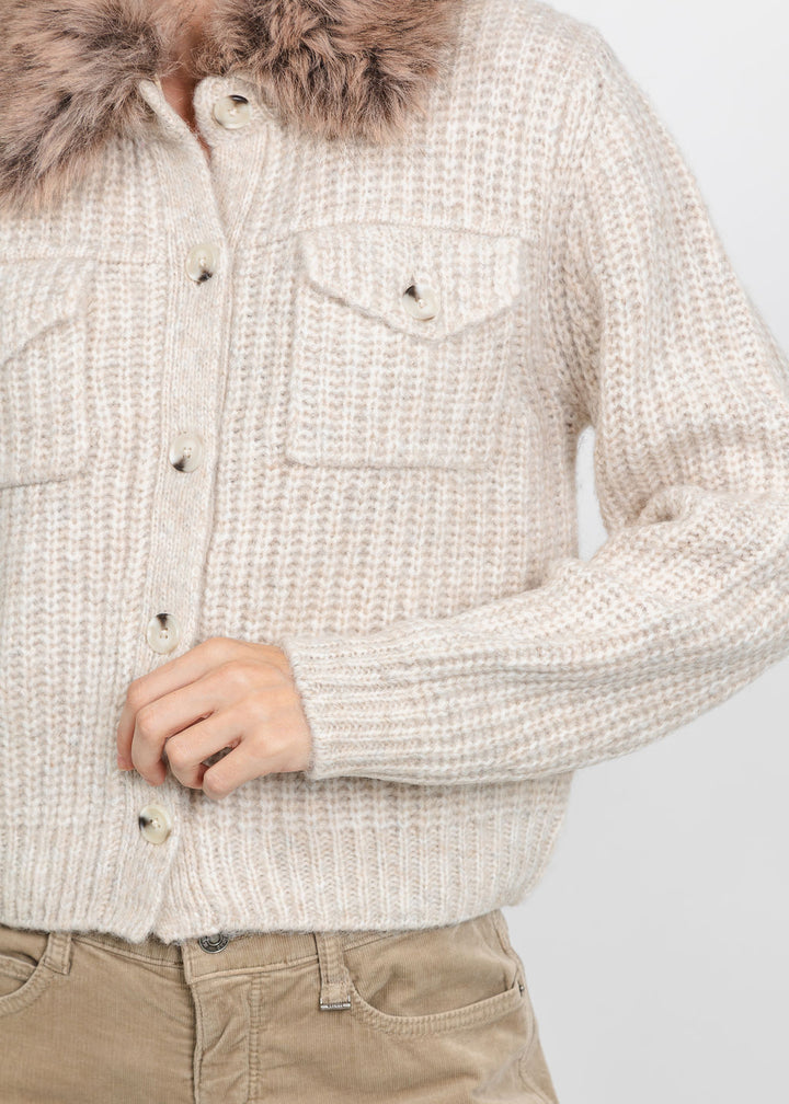 Oui Cardigan with Fur Collar in Light Beige Melange available at Barbara Katz