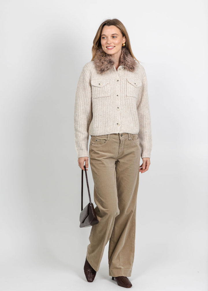 Oui Cardigan with Fur Collar in Light Beige Melange paired with MAC 32" Wide Baby Corduroy Pant in Beige available at Barbara Katz