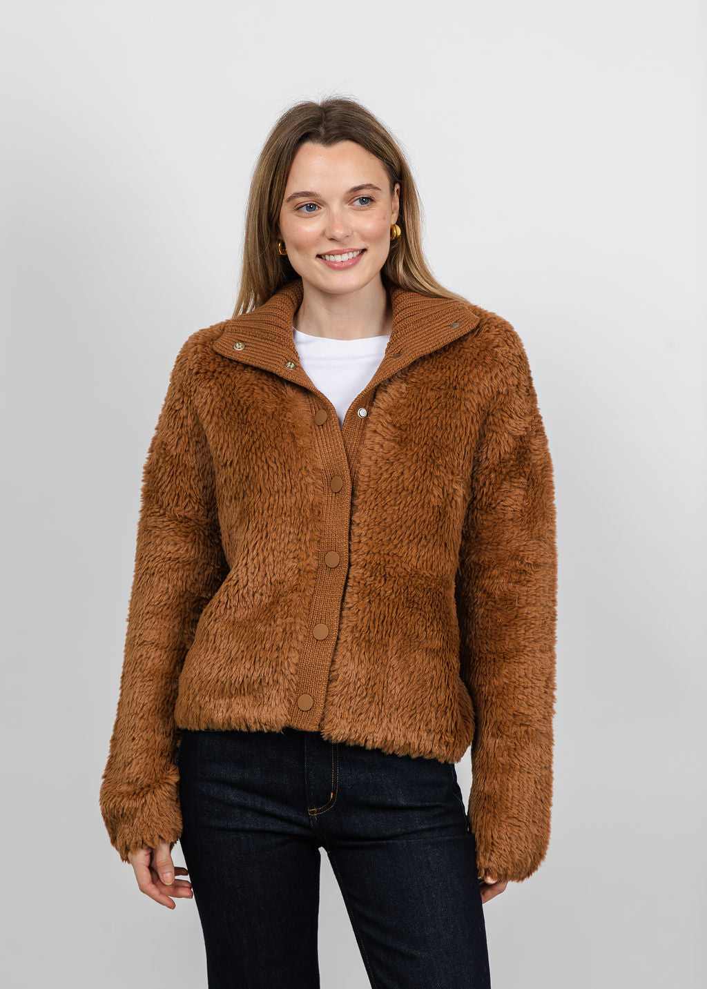 Oui Cozy Button Jacket in Light Rosewood available at Barbara Katz