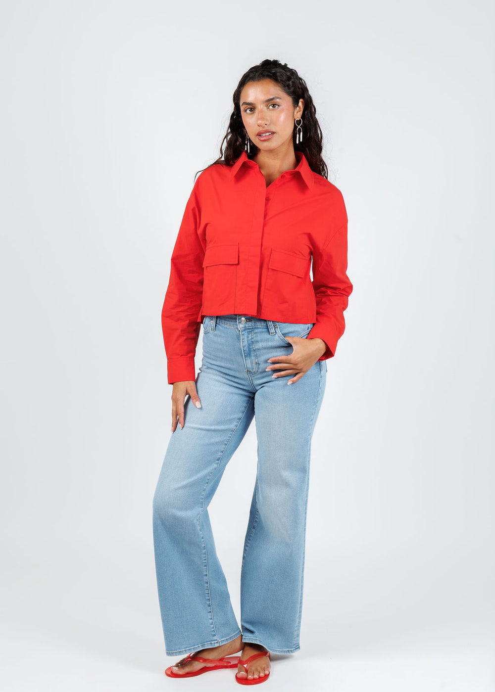Oui Crop Boxy Blouse in Lipstick Red available at Barbara Katz