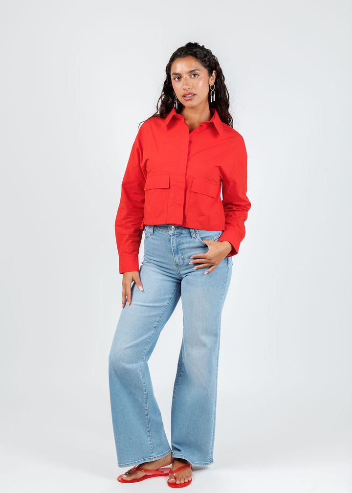 Oui Crop Boxy Blouse in Lipstick Red available at Barbara Katz