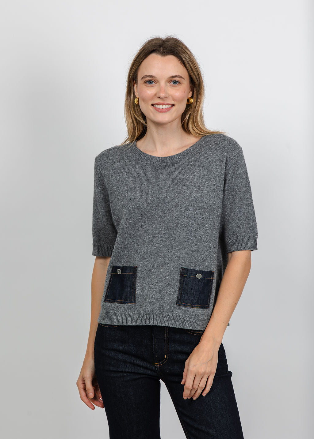 Oui Denim Pocket Sweater in Grey available at Barbara Katz