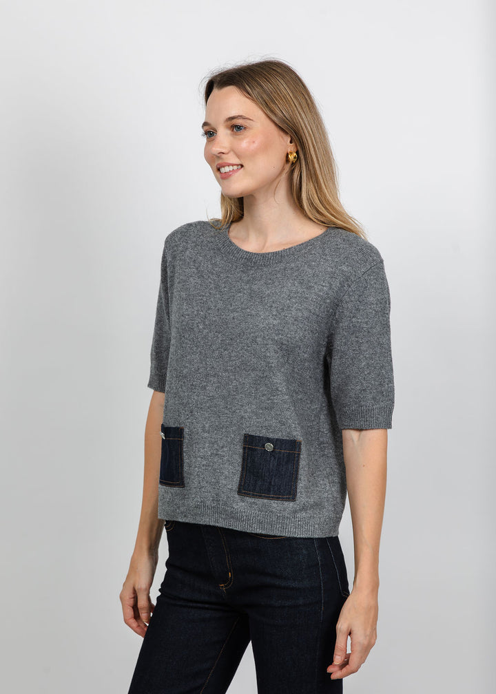 Oui Denim Pocket Sweater in Grey available at Barbara Katz