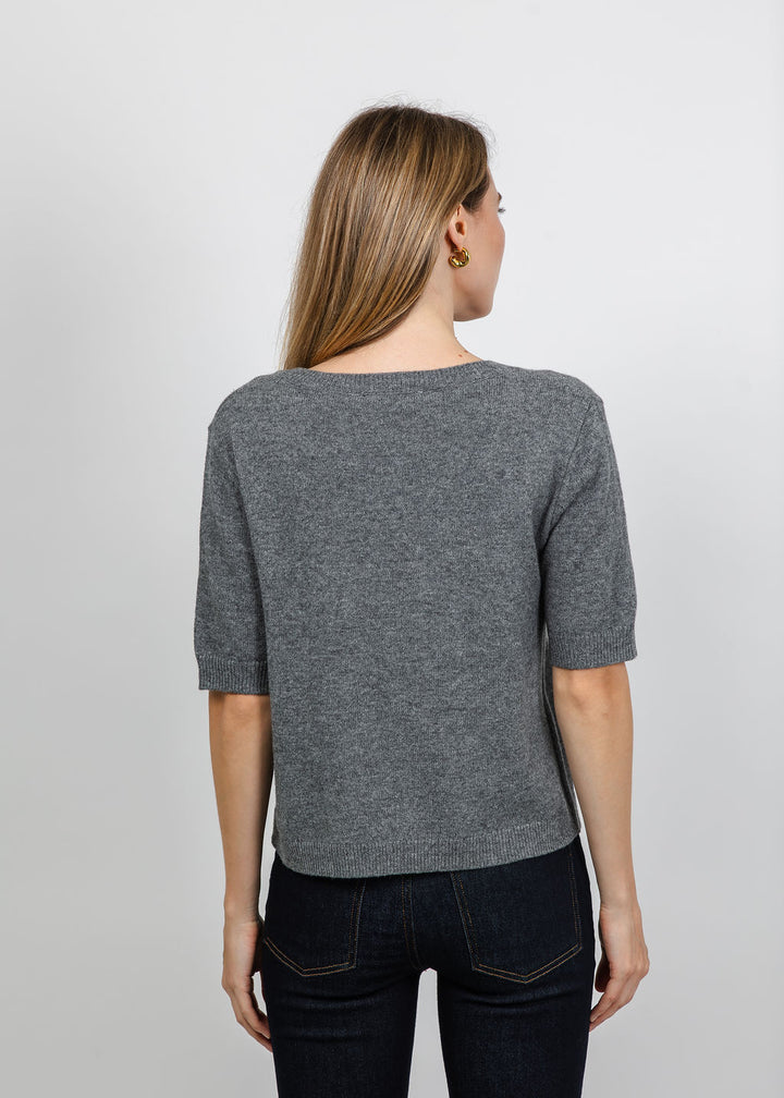 Oui Denim Pocket Sweater in Grey available at Barbara Katz