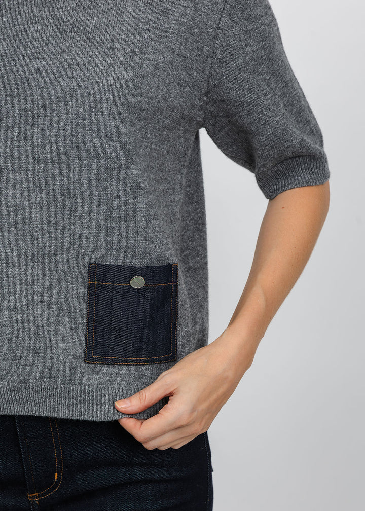 Oui Denim Pocket Sweater in Grey available at Barbara Katz