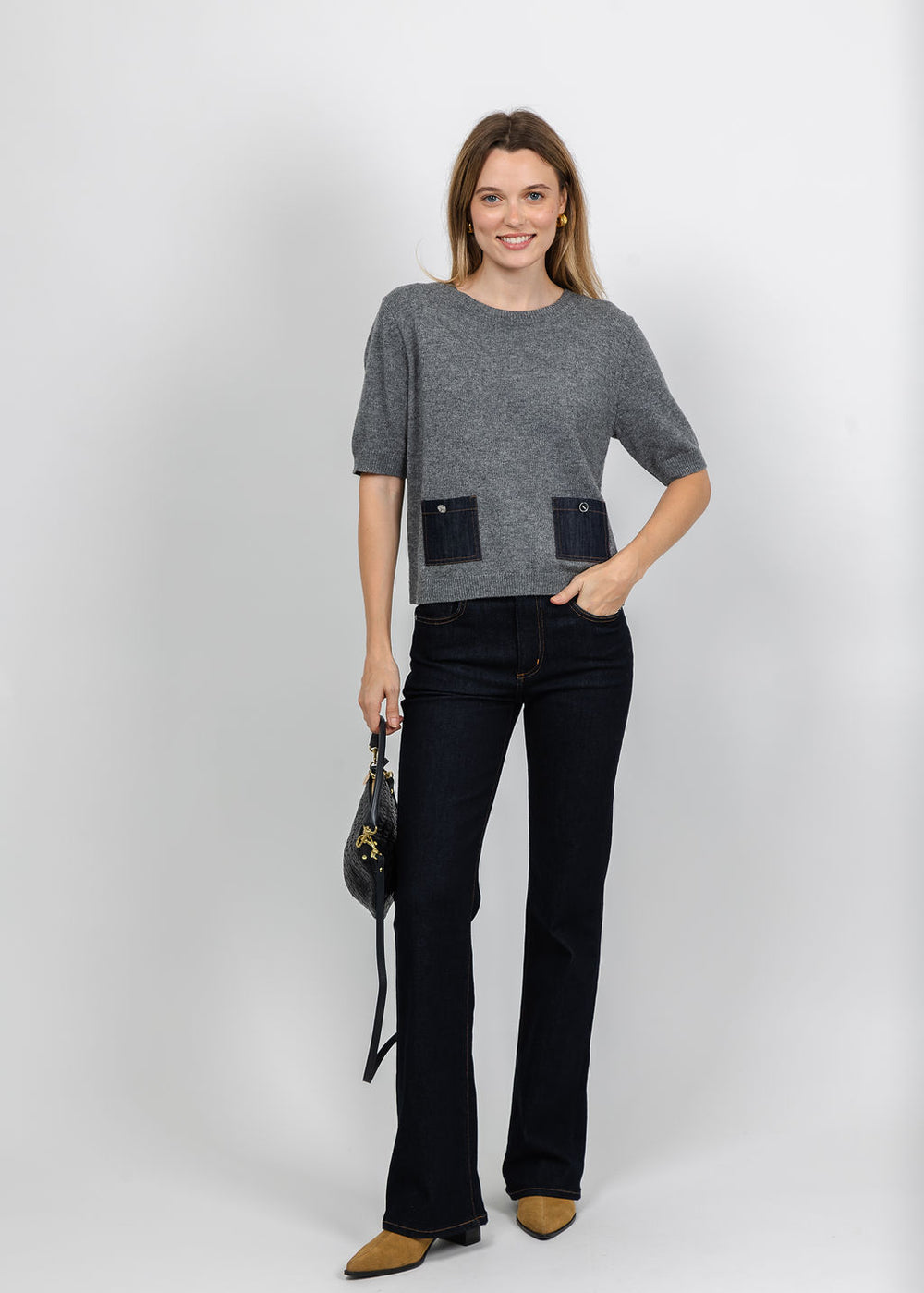 Oui Denim Pocket Sweater in Grey available at Barbara Katz