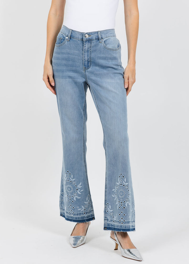 Oui Embroidered Bootcut Jeans in Blue available at Barbara Katz