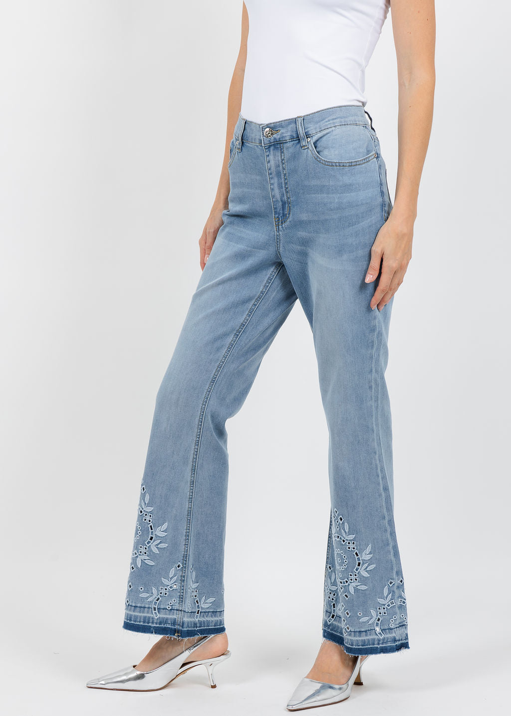 Oui Embroidered Bootcut Jeans in Blue available at Barbara Katz
