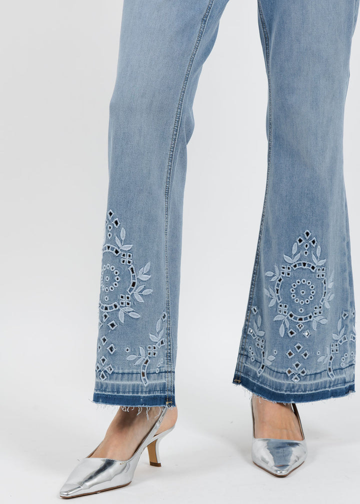 Oui Embroidered Bootcut Jeans in Blue available at Barbara Katz