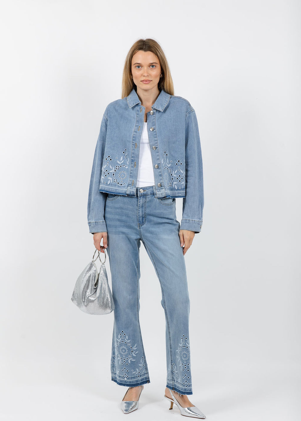 Oui Embroidered Bootcut Jeans and Denim Jacket in Blue available at Barbara Katz