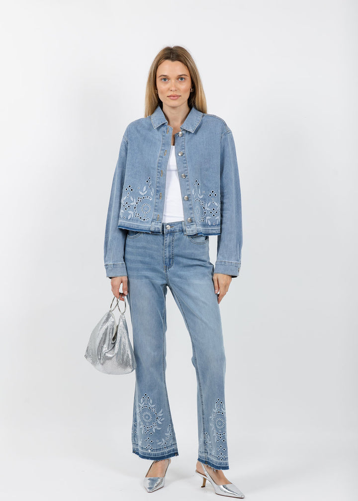Oui Embroidered Bootcut Jeans and Denim Jacket in Blue available at Barbara Katz