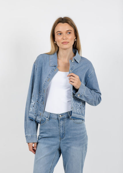 Oui Embroidered Denim Jacket - Blue – Barbara Katz