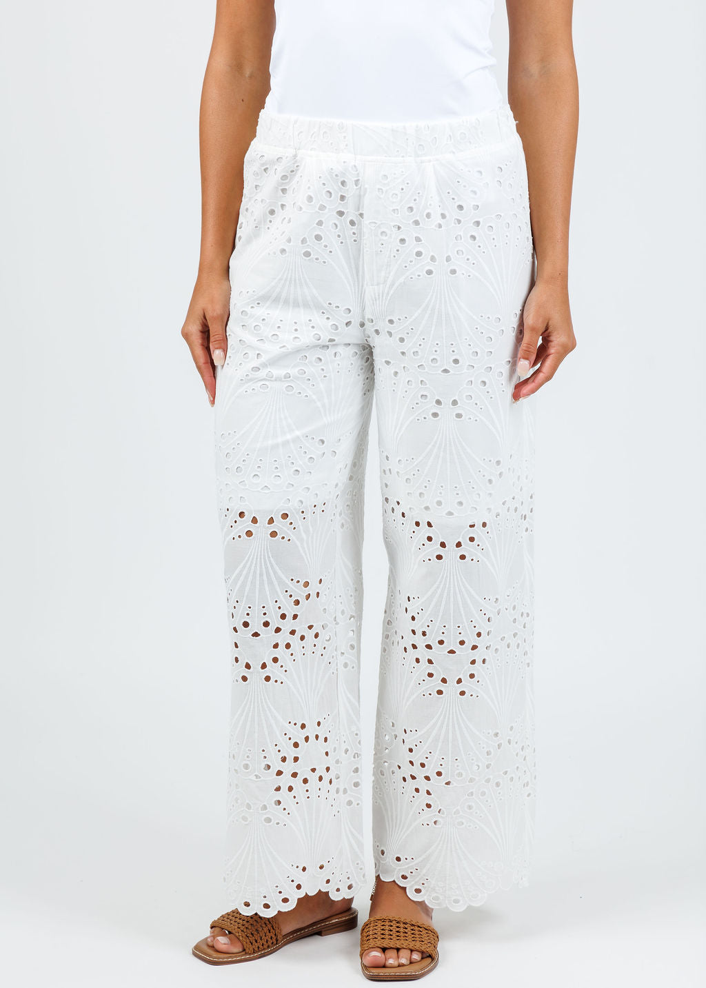 Oui Eyelet Pants in Cloud Dancer available at Barbara Katz