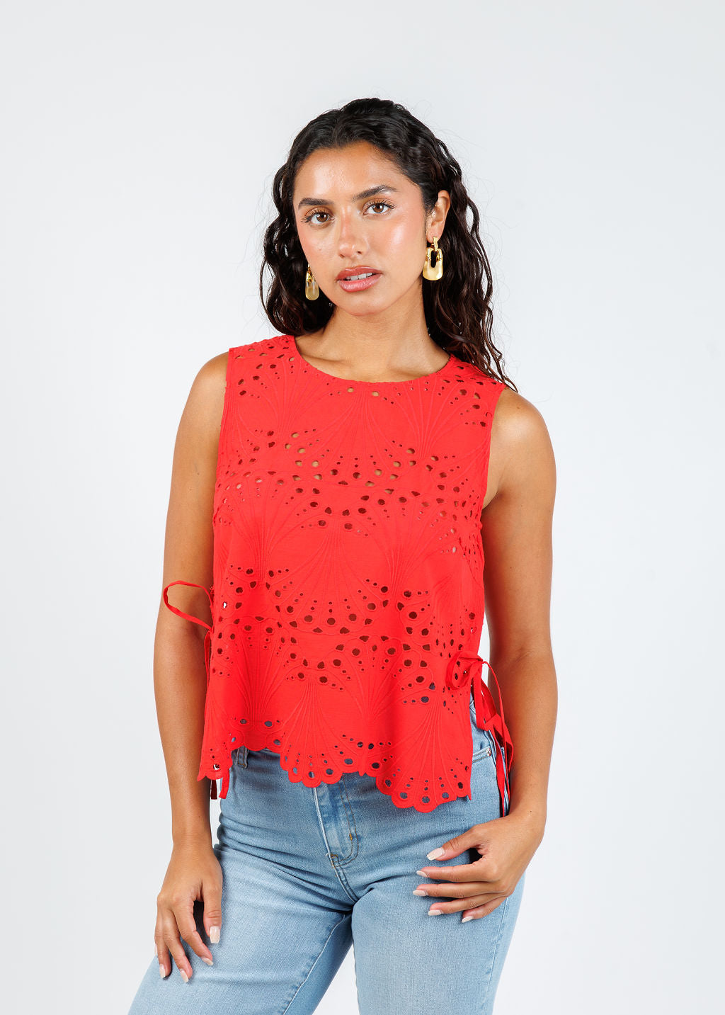 Oui Eyelet Sleeveless Top in Lipstick Red available at Barbara Katz