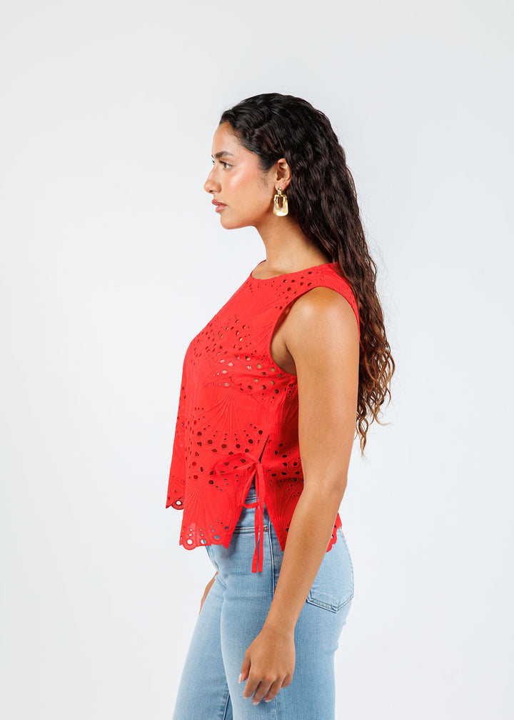 Oui Eyelet Sleeveless Top in Lipstick Red available at Barbara Katz
