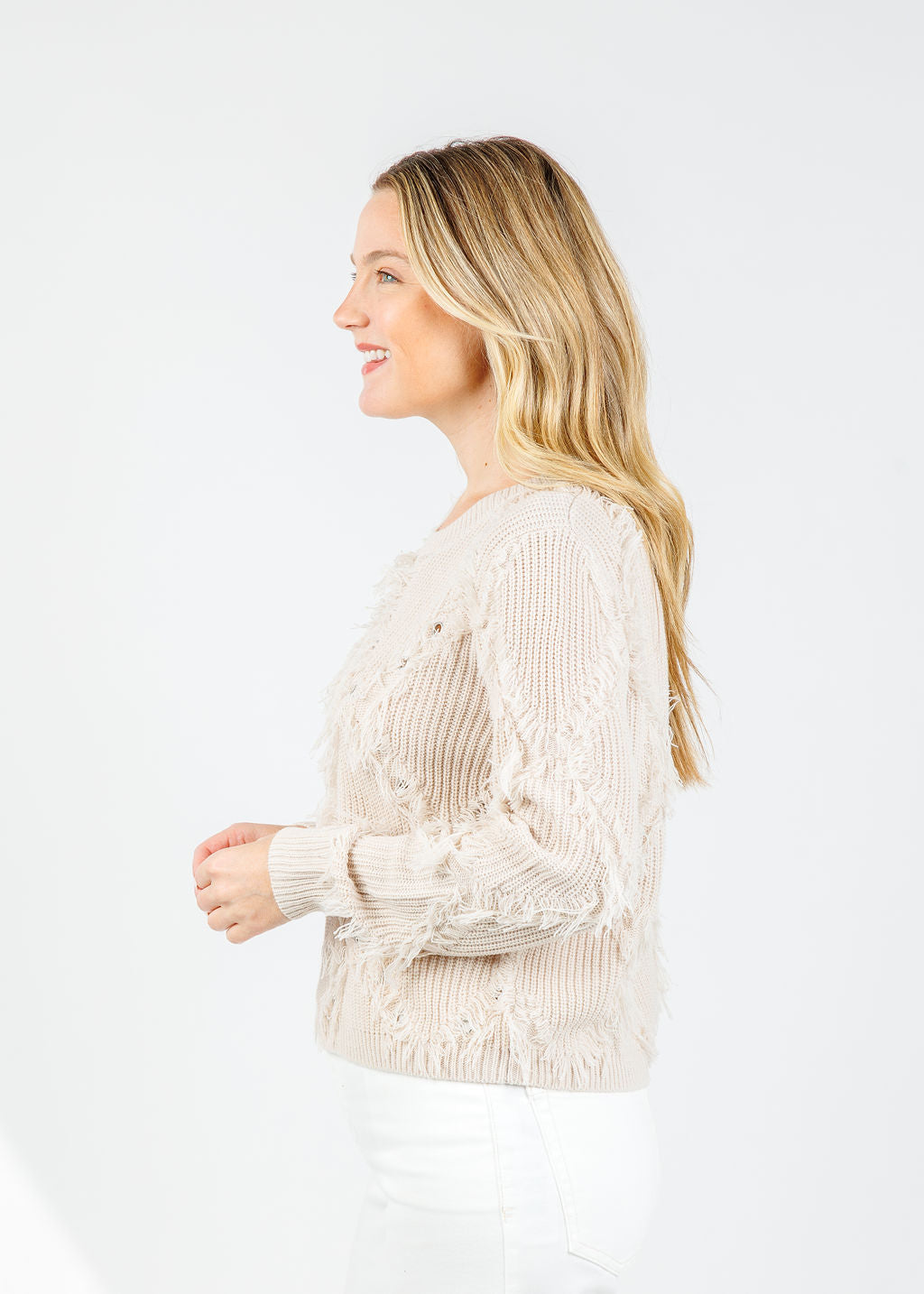Oui Fabiola Fringe Pullover in Beige Melange available at Barbara Katz