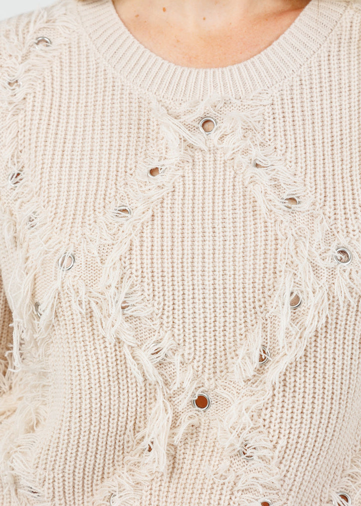 Oui Fabiola Fringe Pullover in Beige Melange available at Barbara Katz