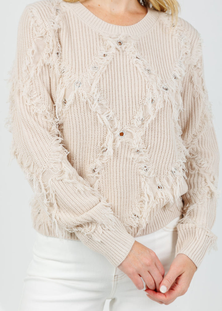 Oui Fabiola Fringe Pullover in Beige Melange available at Barbara Katz