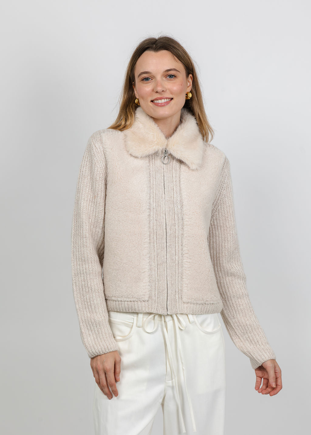 Oui Fur Collar Jacket in Light Beige Melange available at Barbara Katz