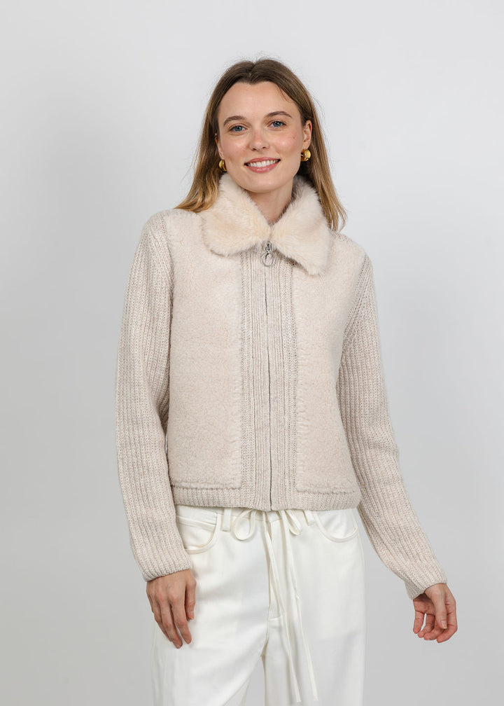 Oui Fur Collar Jacket in Light Beige Melange available at Barbara Katz
