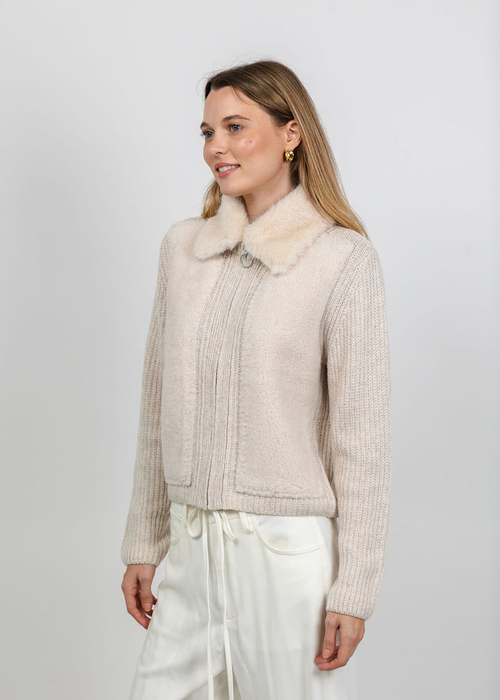 Oui Fur Collar Jacket in Light Beige Melange available at Barbara Katz