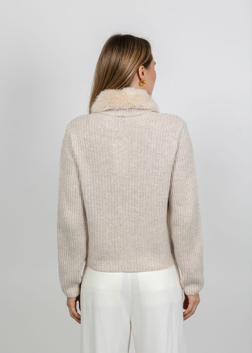 Oui Fur Collar Jacket in Light Beige Melange available at Barbara Katz