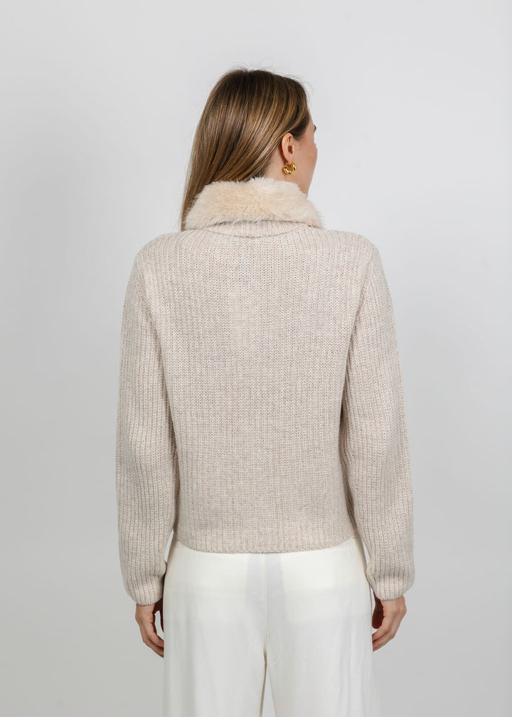 Oui Fur Collar Jacket in Light Beige Melange available at Barbara Katz