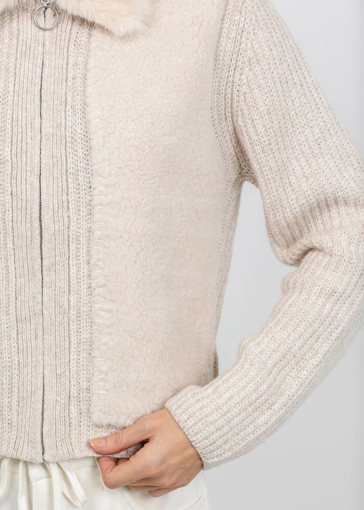 Oui Fur Collar Jacket in Light Beige Melange available at Barbara Katz