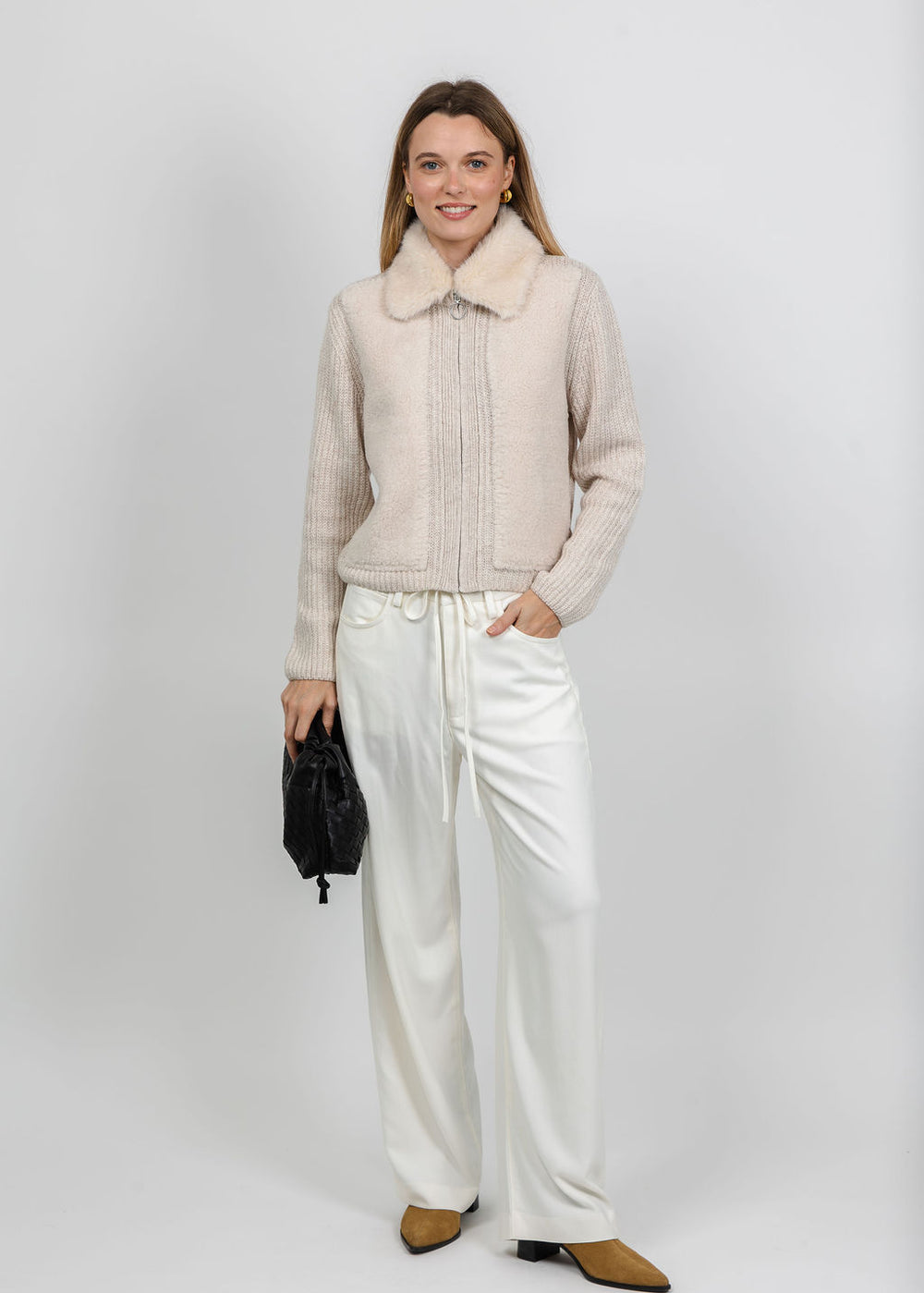 Oui Fur Collar Jacket in Light Beige Melange available at Barbara Katz