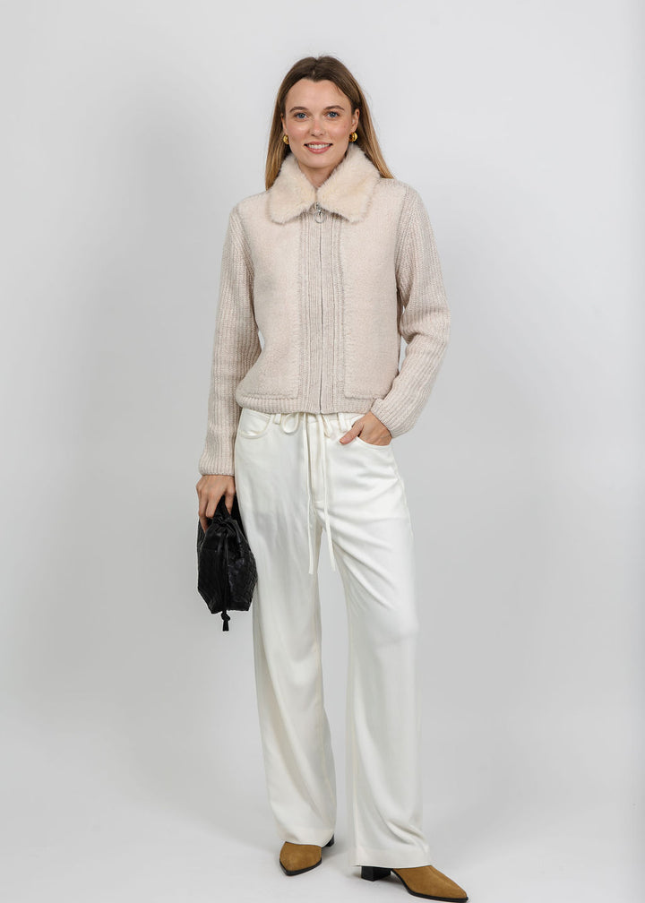 Oui Fur Collar Jacket in Light Beige Melange available at Barbara Katz
